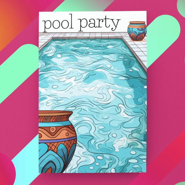 Convite Festa de Piscina Personalizável Azul Aqua (Customize the back of this summer celebration pool party invitation with clay pots and a pool. )