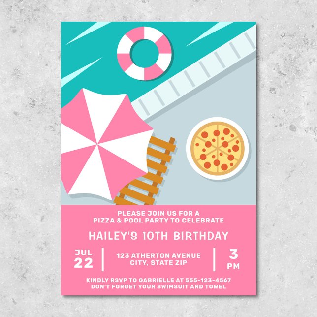 Convite Festa de Piscina Pizza Piscina Rosa Moderno (Pink invitation for a pizza & pool party)