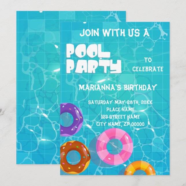 Convite Festa de piscina Qualquer Aniversário de Idade (Frente/Verso)