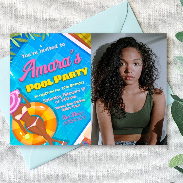 Convite Festa de piscina - Rapariga com Foto (Pool Party Landscape Invitation with Photo)