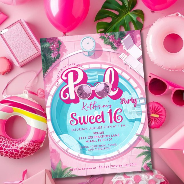 Convite Festa de Piscina Rosa Brilhante Garota Doce 16 Dez (Bright Pink Pool Party Girly Sweet 16 Sixteen Invitation)