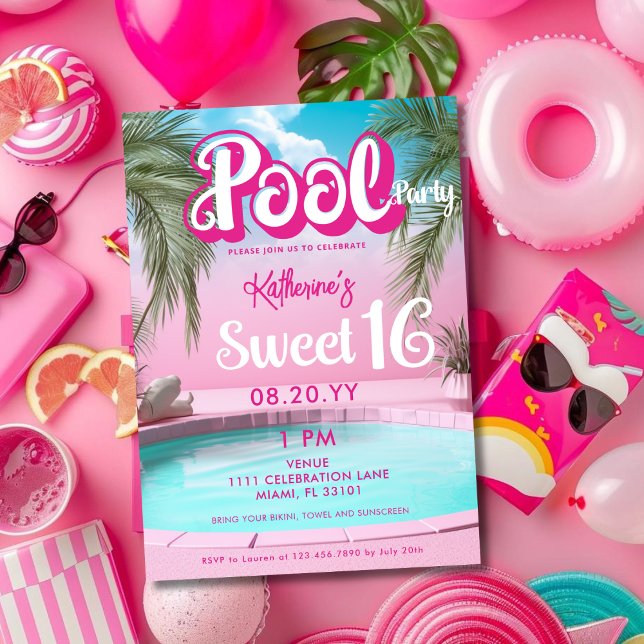 Convite Festa de Piscina Rosa Quente Girly Bright Doce 16  (Girly Bright Hot Pink Pool Party Sweet 16 Sixteen Invitation)