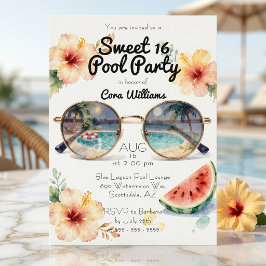 Convite Festa de Piscina Sweet 16 Tropical Hibisco Aquarel