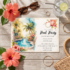 Convite Festa de Piscina Tropical Adulto com Aquarela Vint
