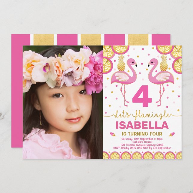 Convite Festa de Piscina Tropical de Birthday Flamingo, Do (Frente/Verso)
