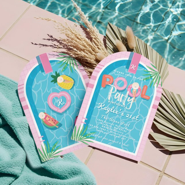 Convite Festa de Piscina Tropical de Palma Rosa Divertida, (Fun Pink Tropical Palm Summer Pool Party Birthday Invitation)