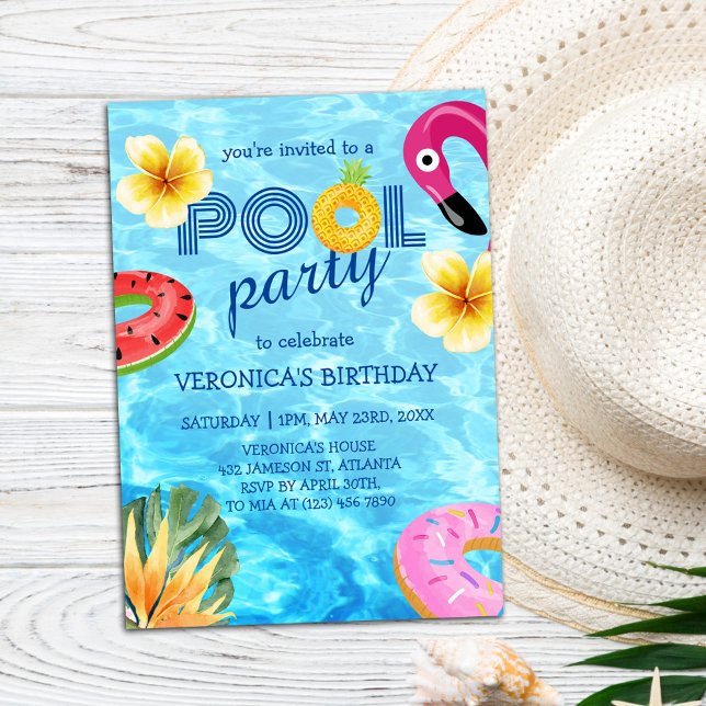 Convite Festa de piscina Verão Nadando Água Aniversário (Pool Party Summer Swimming Water Birthday Invitation)