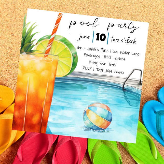 Convite Festa de Piscinas e Bebidas Tropicais (Tropical drink vibes pool party invitation with beach ball and poolside scene- customizable. )