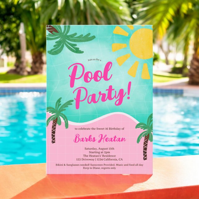 Convite Festa de piscinas Tropicais de Summer Bright Doce  (Fun Summer Bright Tropical pool party Sweet 16 Invitation)