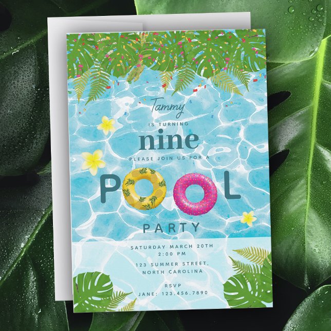 Convite Festa de Piscinas Tropicais Nadando Piscina Aniver (Tropical Pool Party Swimming Pool Birthday Invitation)