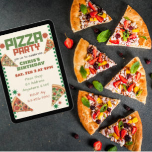 Convite Festa de Pizza Aniversário Vermelho Verde