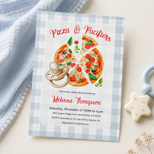 Convite Festa de Pizza e Chupetas Azul para Chá de Bebê Me (Criador carregado)