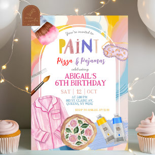 Convite Festa de Pizza e Pijamas com Pintura Pastel Rosa