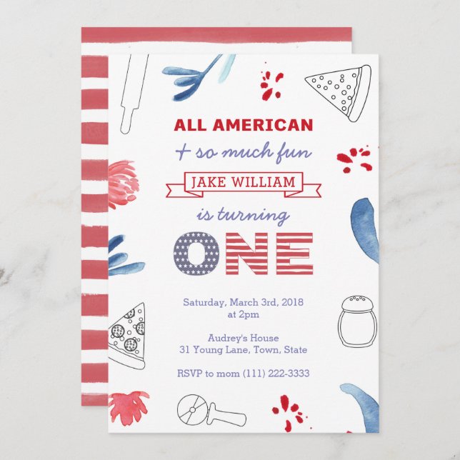 Convite Festa de pizza primeiro aniversario para Menino ou (Frente/Verso)