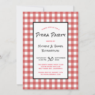 Convite Festa de Pizza Xadrez Preto Vermelho Branco Clássi