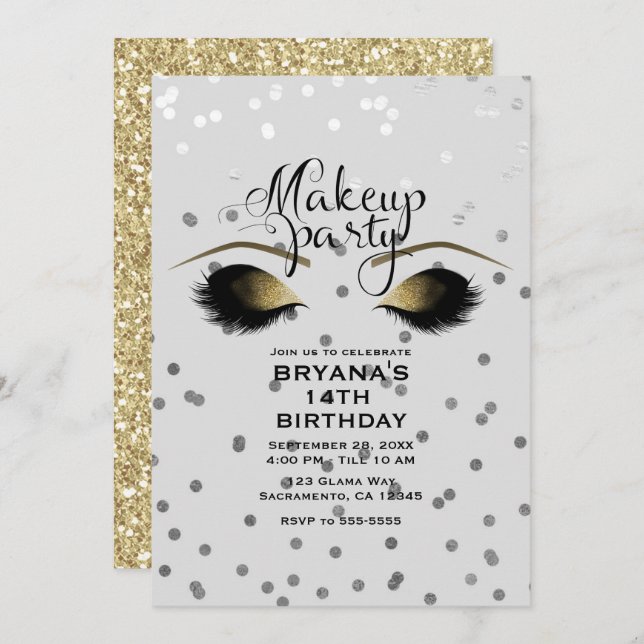 Convite Festa de Pontos de Beleza de Prata e Maqueamento D (Frente/Verso)