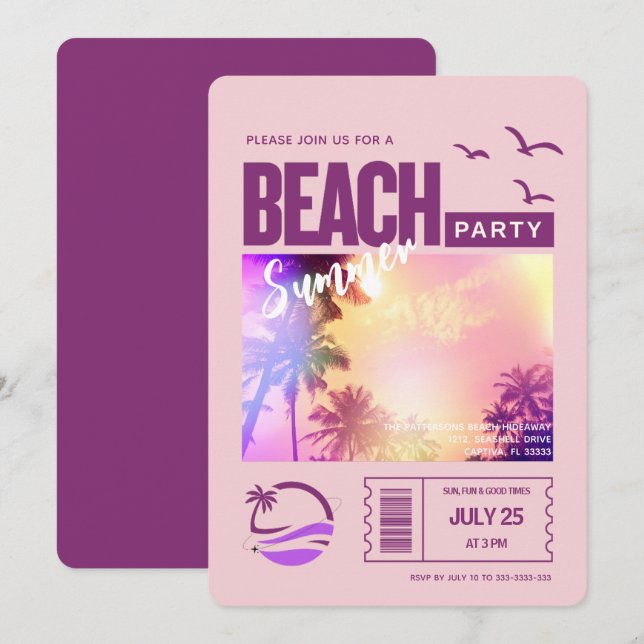 Convite Festa de Praia de Verão Rosa Roxo (Frente/Verso)