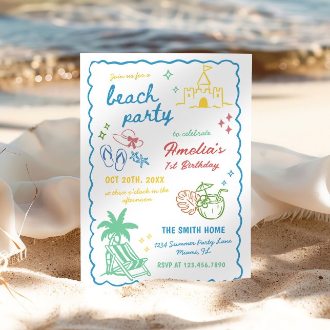 Convite Festa de Praia Personalizada de Verão Divertida De (Criador carregado)