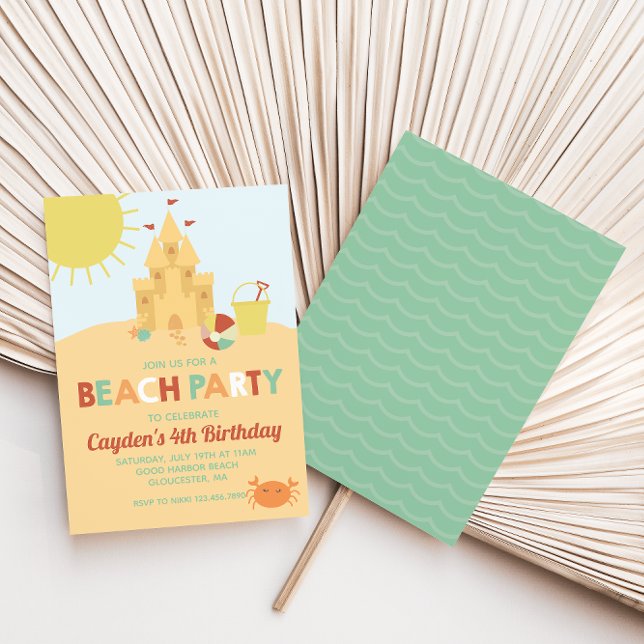 Convite Festa de Praia, Verão, castelo de areia, retro Ani (Criador carregado)