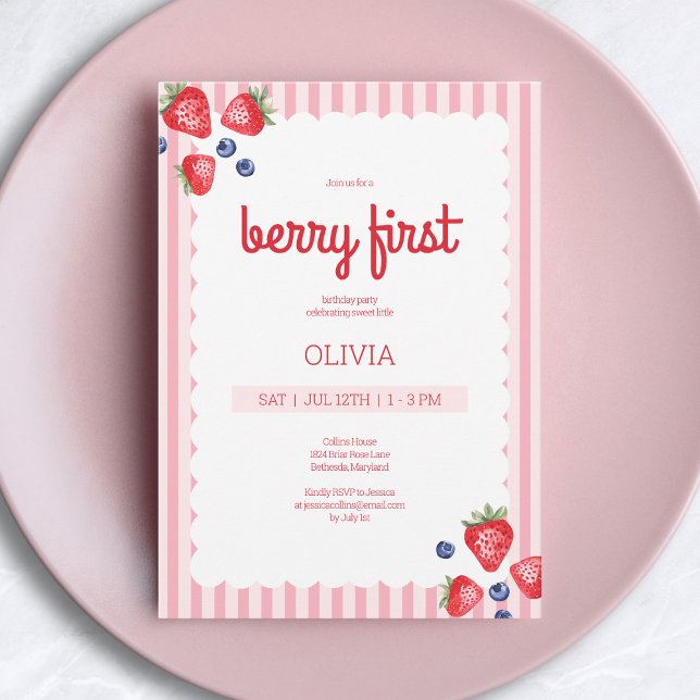 Convite Festa de primeira primeiro aniversario de Berry, F (Cute Summer Fruit Berry First 1st Birthday Party Invitation)