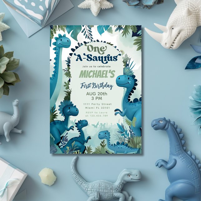 Convite Festa de primeiro aniversario Azul do Menino Um-A- (Dinosaur One-A-Saurus Boy Blue 1st Birthday Party Invitation)