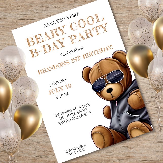 Convite Festa de primeiro aniversario Beary Legal Teddy Be (Beary Cool Teddy Bear Boy 1st Birthday Party Invitation)