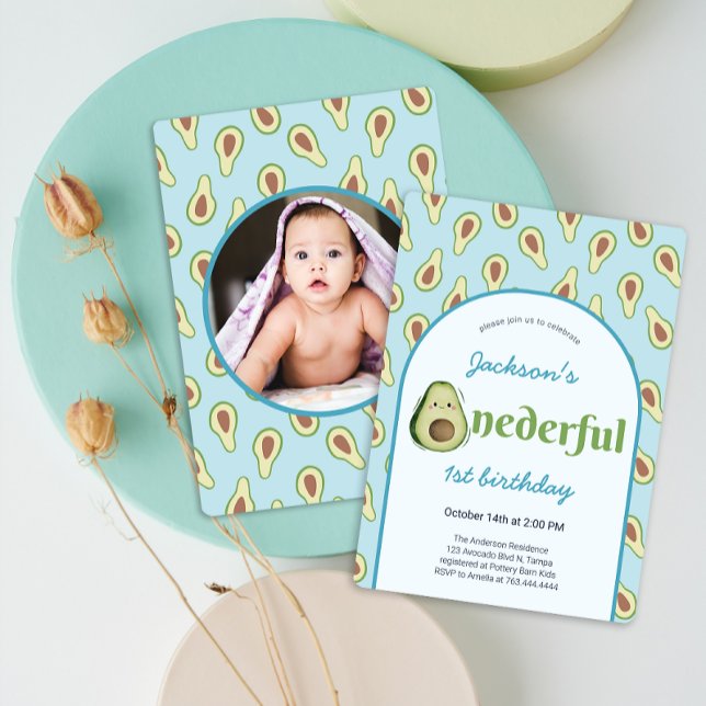 Convite Festa de primeiro aniversario Bela Maravilha (Cute Onederful Avocado 1st Birthday Party Invitation)