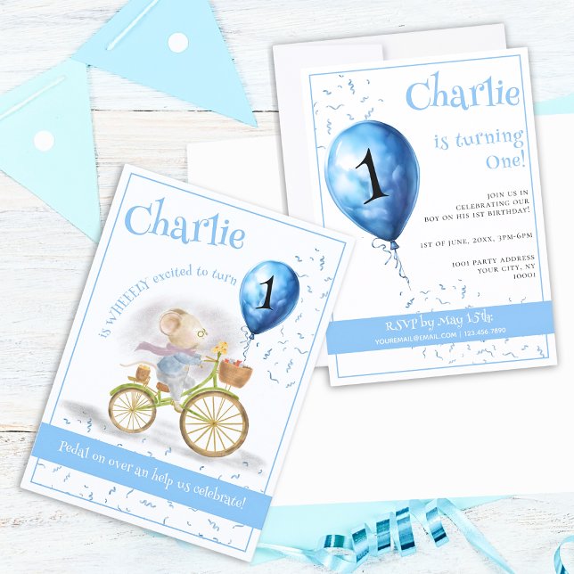 Convite Festa de primeiro aniversario Bicicleta de Rato Co (Front & Back - Cute Mouse Animal Riding Vintage Bicycle & 1st Birthday Party Balloon, Boy Invitation)