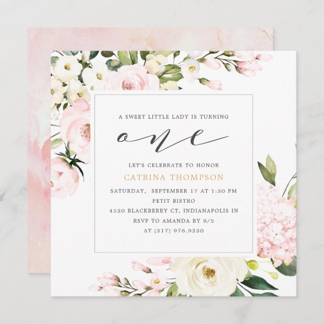 Convite Festa de primeiro aniversario Blush Floral Greener (Frente/Verso)