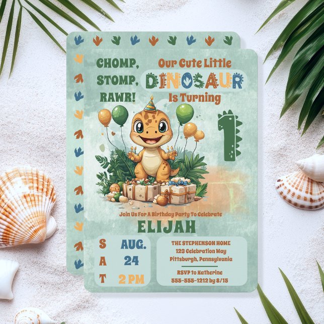 Convite Festa de primeiro aniversario Bonito do Menino Din ("Chomp, Stomp, Rawr!" "Our Cute Little Dinosaur Is Turning 1" 1st Birthday Party Invitation)