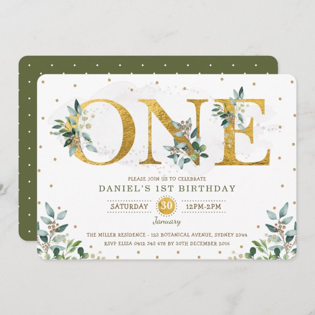 Convite Festa de primeiro aniversario Botânica Greenery Bo (Frente/Verso)