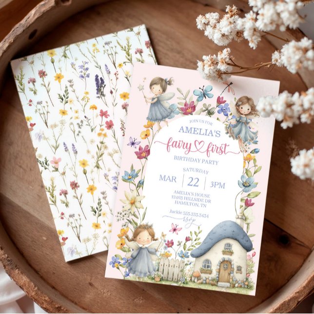 Convite Festa de Primeiro Aniversário da Fada das Flores S (Whimsical Wildflower Fairy First Birthday Party Invitation)