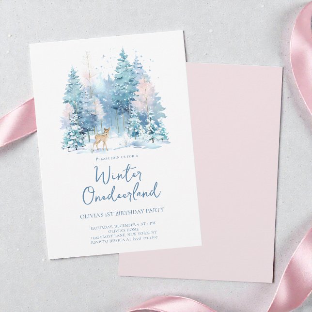 Convite Festa de primeiro aniversario da Floresta Rosa do  (Pink Woodland Winter Onederland 1st Birthday Party Invitation)