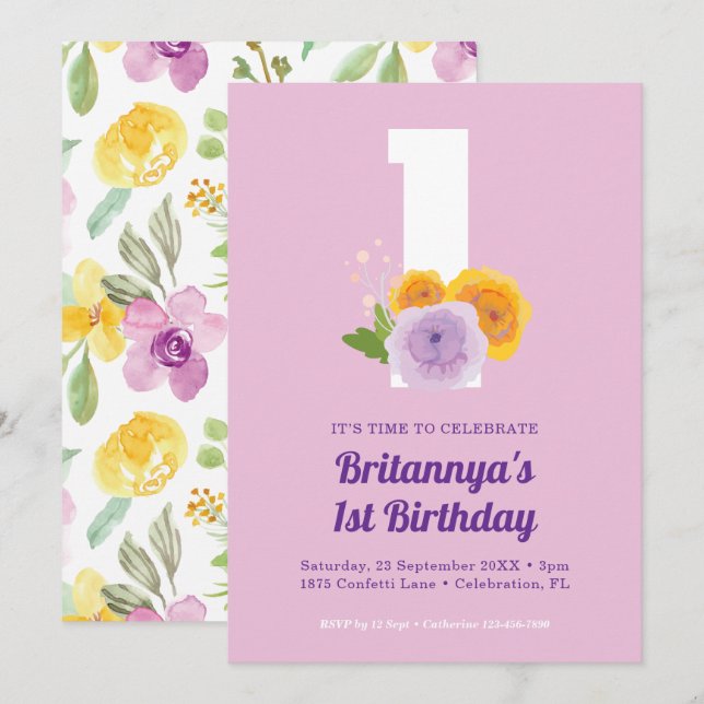 Convite Festa de primeiro aniversario da Garota Floral de  (Frente/Verso)