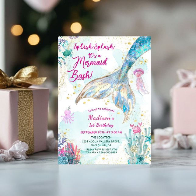Convite Festa de primeiro aniversario da Sereia Dourada (Mermaid Tale Gold Turquoise 1st Birthday Girl Party Invitation)