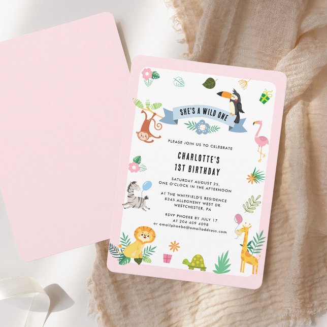 Convite Festa de primeiro aniversario de Animais Selvagens (1st Birthday Jungle Animals Theme Party Invitation)