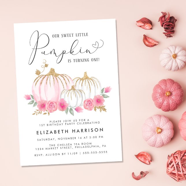 Convite Festa de primeiro aniversario de Aquarela Floral R (Celebrate the 1st birthday of your autumn baby with a pumpkin-themed birthday party
)