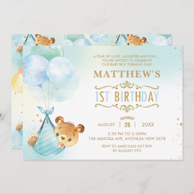 Convite Festa de primeiro aniversario de Balões de Urso Br (Frente/Verso)