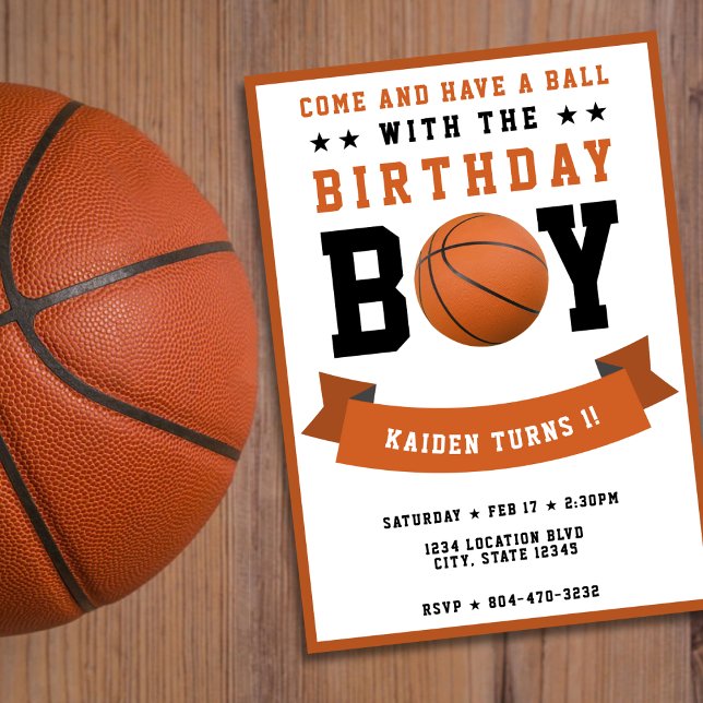 Convite Festa de primeiro aniversario de Bday Boy do Basqu (Basketball Sport Bday Boy 1st Birthday Party Invitation)