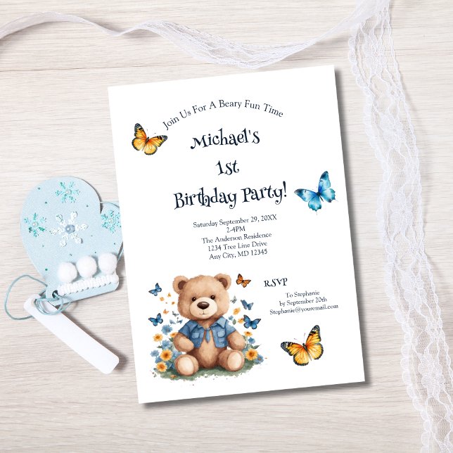 Convite Festa de primeiro aniversario de Bear Borboletas B (Teddy Bear Butterflies 1st Birthday Invitation Baby Boy Printed or Instant digital download )