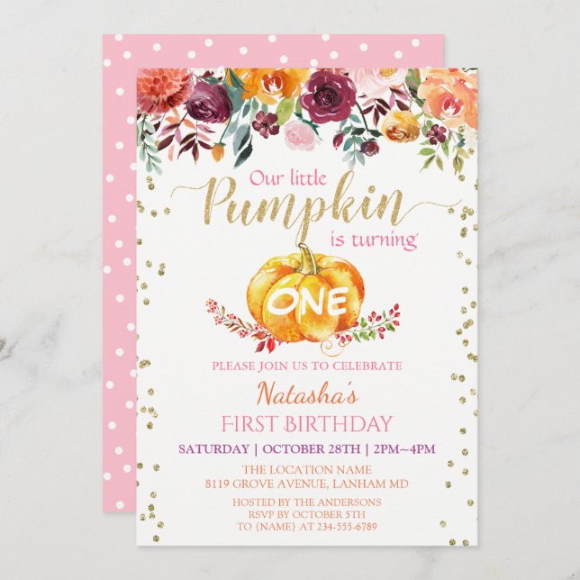 Convite Festa de primeiro aniversario de Bebê da Menina Fl (Frente/Verso)