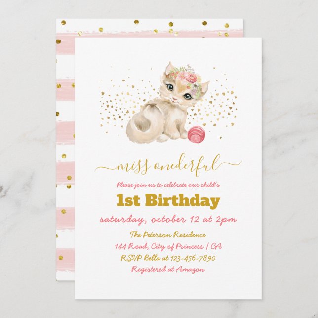 Convite Festa de primeiro aniversario de Bebê e Flores (Frente/Verso)