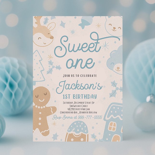 Convite Festa de primeiro aniversario de Biscoito de Natal (Sweet One Christmas cookie first birthday boy party invitation with gingerbread and festive holiday )