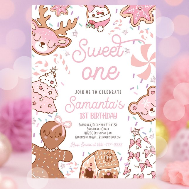 Convite Festa de primeiro aniversario de Biscoito de Natal (Sweet One Christmas first birthday invitation with holiday cookies, gingerbread, and festive red and)