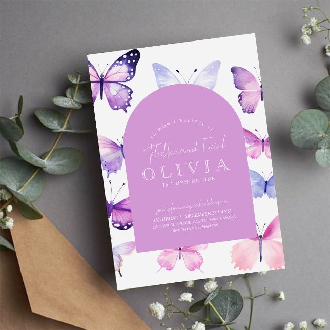 Convite Festa de primeiro aniversario de Borboleta Púrpura (Criador carregado)