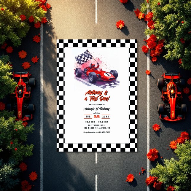Convite Festa de primeiro aniversario de Carro "Rápido Um" ("Fast One" Race Car 1st Birthday Party Invitation)