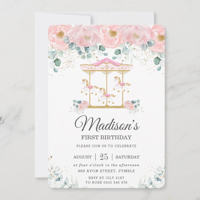 Convite Festa de primeiro aniversario de Carrossel Floral, (Frente)