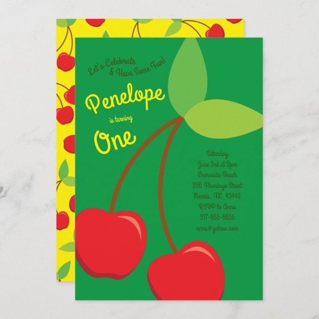 Convite Festa de primeiro aniversario de Cerejas (Frente/Verso)