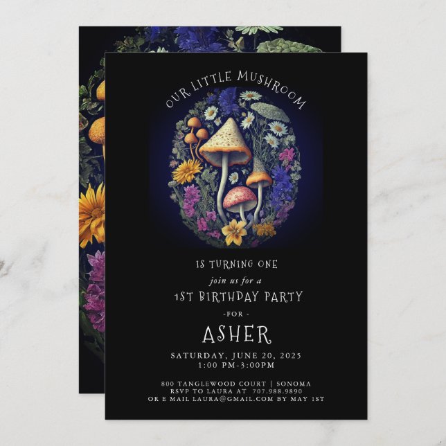 Convite Festa de primeiro aniversario de Cogumelo (Frente/Verso)