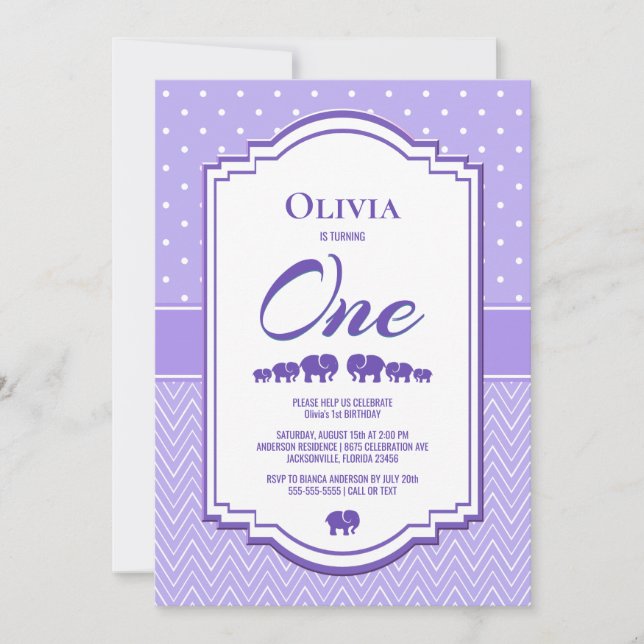 Convite Festa de primeiro aniversario de Elefantes lavanda (Frente)